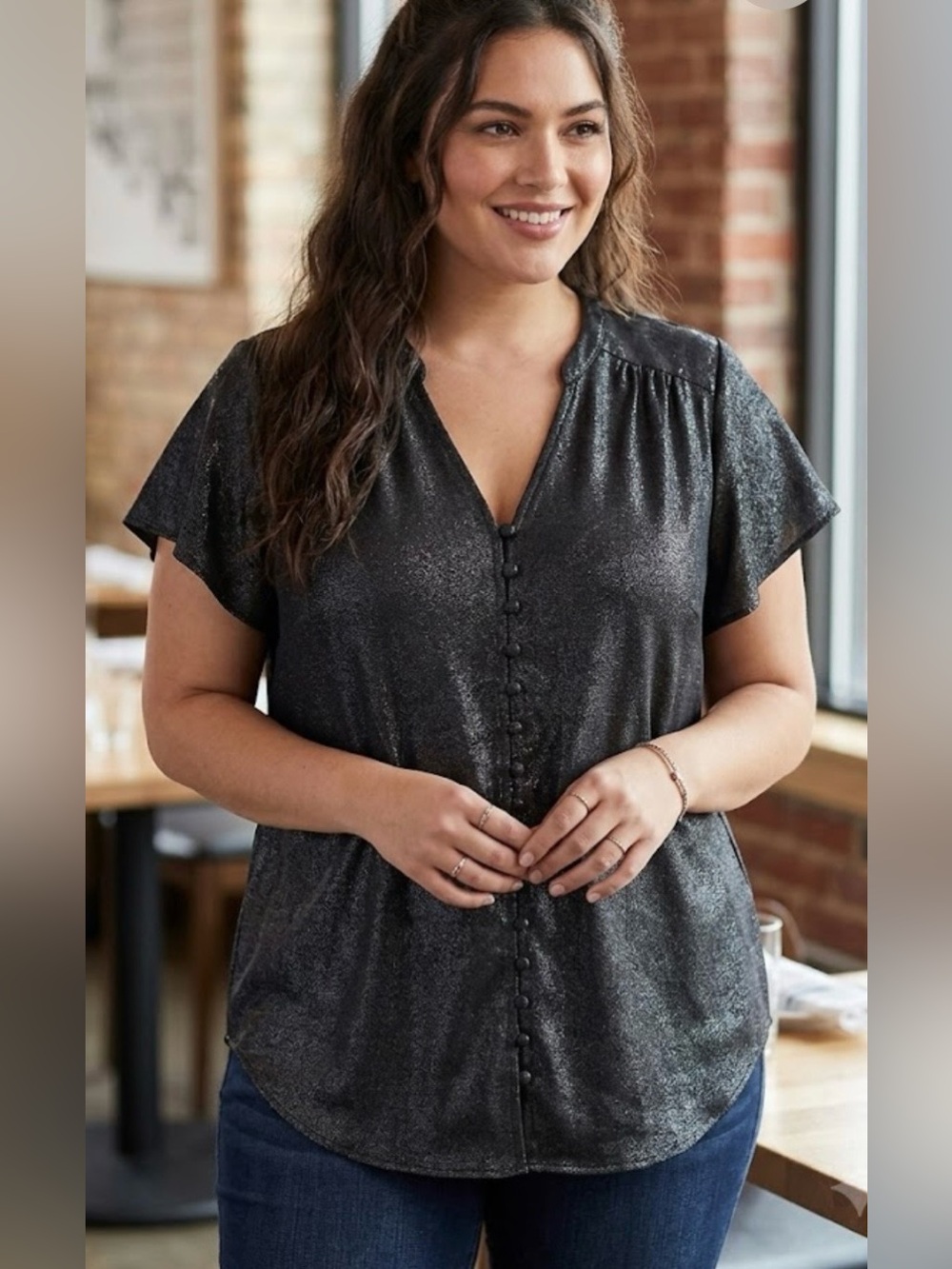 TORRID Metallic Top Womens Large/12 Black Shimmer  Stretch Party Blouse, NEW